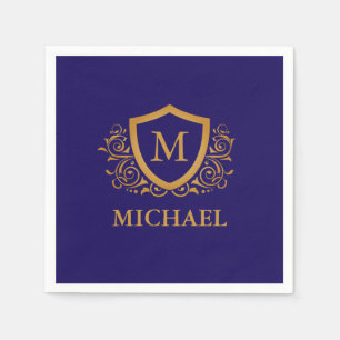 Serviette En Papier Nom du monogramme personnalisé bleu et or de la ma