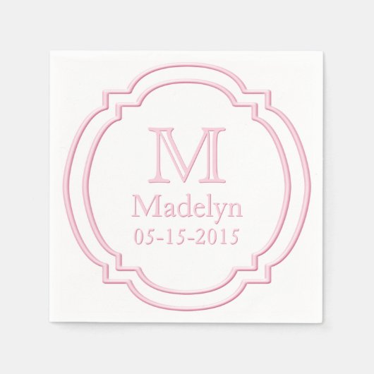 Serviette En Papier Nom du monogramme personnalisé Date Blanc Pastel R (Devant)