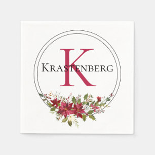 Serviette En Papier Nom du monogramme personnalisé Floral rouge hivern