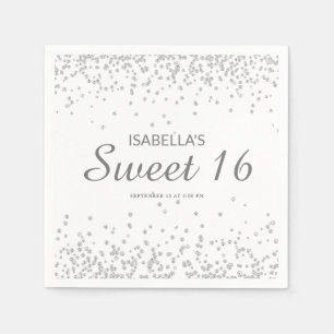 Serviette En Papier Nom élégant blanc argent paillettes Sweet 16