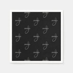 Serviette En Papier Nom élégant et monogramme   Noir, blanc et gris