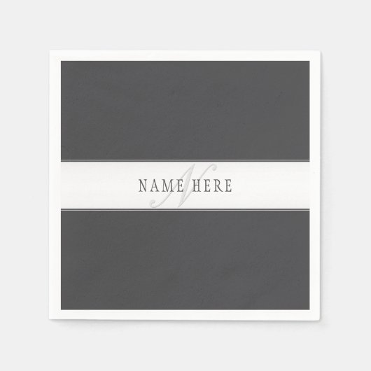 Serviette En Papier Nom élégant & monogramme | Gris foncé & clair (Devant)