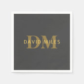 Serviette En Papier Nom et monogramme élégant | Or et gris foncé (Devant)