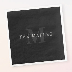 Serviette En Papier Nom et monogramme modernes   Gris et noir