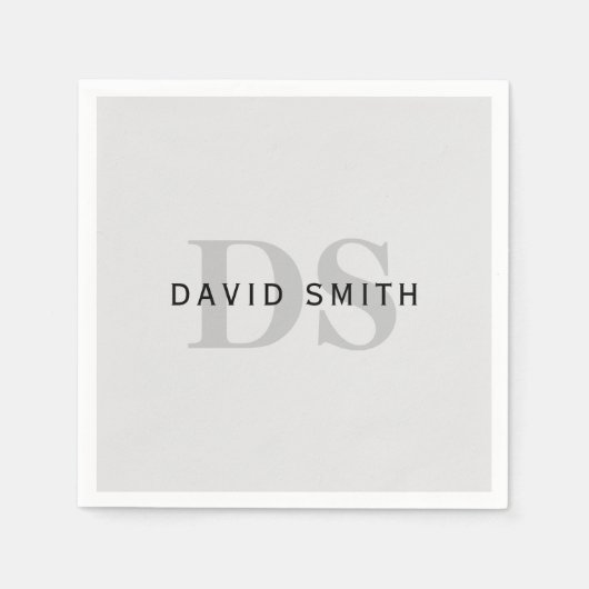 Serviette En Papier Nom et monogramme modernes | Gris et noir modifiab (Devant)