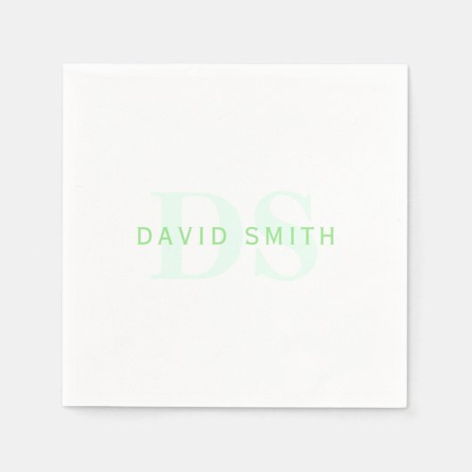 Serviette En Papier Nom et monogramme modernes | Vert et blanc (Devant)