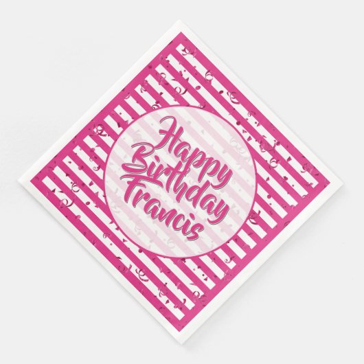 Serviette En Papier Nom Joyeux anniversaire Fuchsia/White Stripes Moti (Coin)