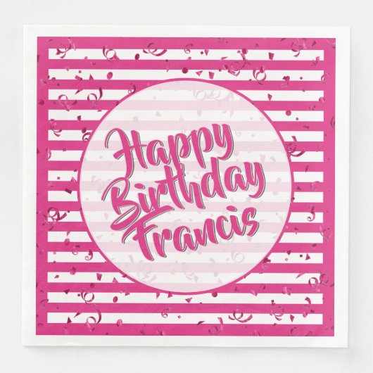 Serviette En Papier Nom Joyeux anniversaire Fuchsia/White Stripes Moti (Devant)