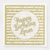 Serviette En Papier Nom Joyeux Anniversaire Gold/White Stripes Motif (Devant)