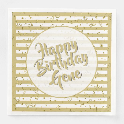 Serviette En Papier Nom Joyeux Anniversaire Gold/White Stripes Motif (Devant)