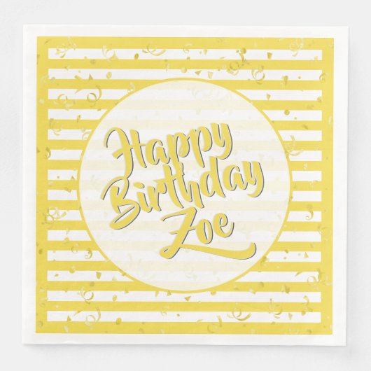 Serviette En Papier Nom Joyeux Anniversaire Jaune Stripes Motif (Devant)