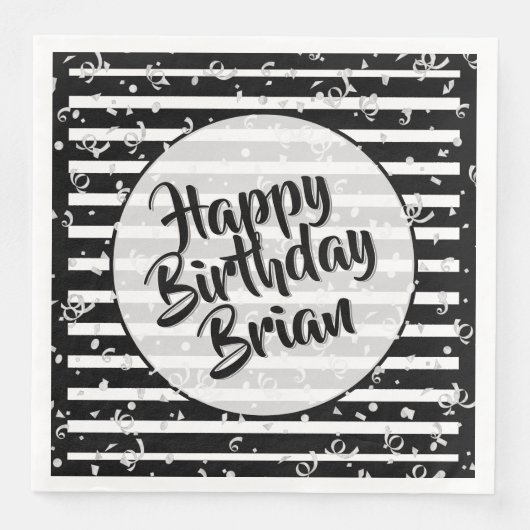 Serviette En Papier Nom Joyeux Anniversaire Noir/Blanc Motif (Devant)