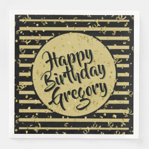 Serviette En Papier Nom Joyeux Anniversaire Noir/Gold Stripes Motif