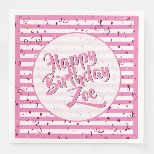 Serviette En Papier Nom Joyeux Anniversaire rose simple rayures Motif (Devant)
