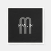 Serviette En Papier Nom Monogramme d'apparence moderne | Noir gris bla (Devant)