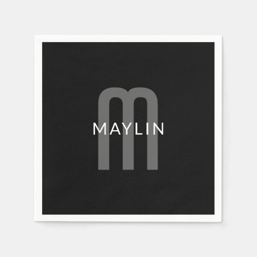Serviette En Papier Nom Monogramme d'apparence moderne | Noir gris bla (Devant)