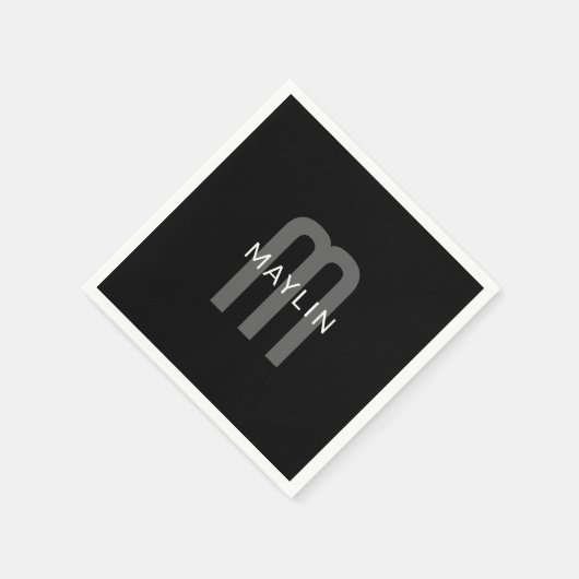 Serviette En Papier Nom Monogramme d'apparence moderne | Noir gris bla (Coin)