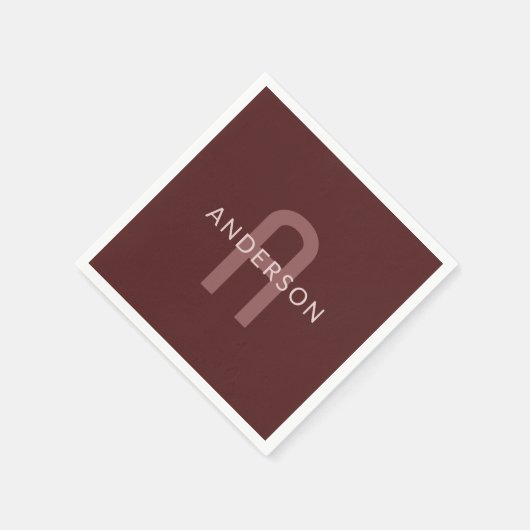 Serviette En Papier Nom Monogramme d'apparence moderne | Rouge marron (Coin)
