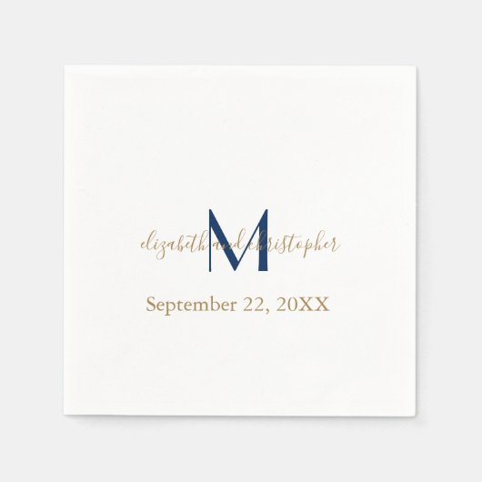 Serviette En Papier Nom monogramme Initiales Mariage d'or bleu (Devant)