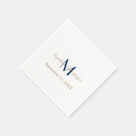 Serviette En Papier Nom monogramme Initiales Mariage d'or bleu (Coin)