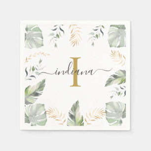 Serviette En Papier Nom monogramme Palmes botaniques Feuilles Vert Or