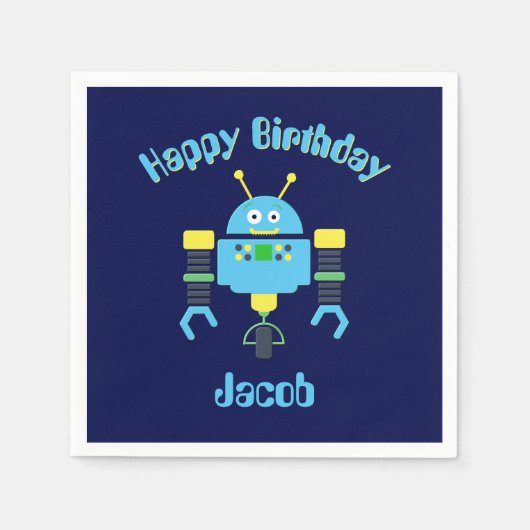 Serviette En Papier Nom personnalisé Blue Robot Anniversaire Napkin (Devant)