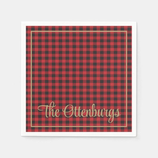 Serviette En Papier Nom personnalisé Buffalo Plaid Red Rustic Party (Devant)