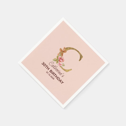 Serviette En Papier Nom personnalisé Lettre C Or Blush Roses Rose (Coin)