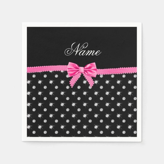 Serviette En Papier Nom personnalisé noir diamants rose arc (Devant)