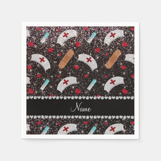 Serviette En Papier Nom personnalisé noir parties scintillant infirmiè (Devant)