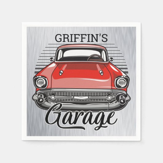 Serviette En Papier NOM personnalisé Retro Red Classic Car Garage (Devant)