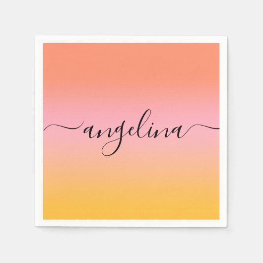 Serviette En Papier Nom Script Texte Monogramme Dégradé Ombre Orange (Devant)