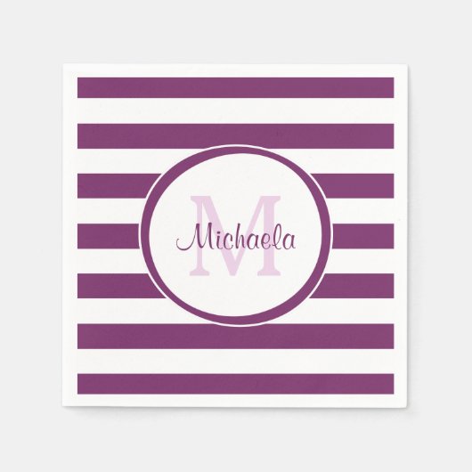 Serviette En Papier Nom Violet Simple Bengale Bandes Avec Monogramme (Devant)