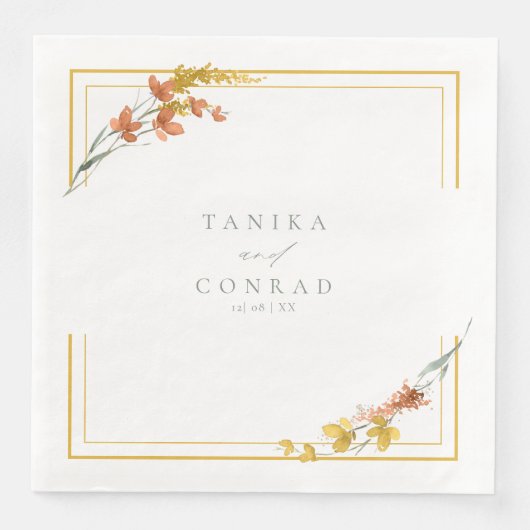Serviette En Papier Noms d'aquarelle Mariage fleur sauvage Gold ID954 (Devant)