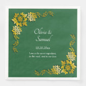 Serviette En Papier Noms Date Message Vert Emeraude & Or (Devant)