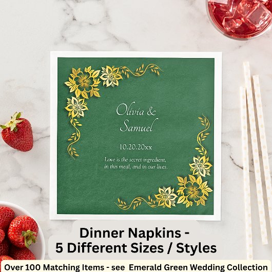 Serviette En Papier Noms Date Message Vert Emeraude & Or