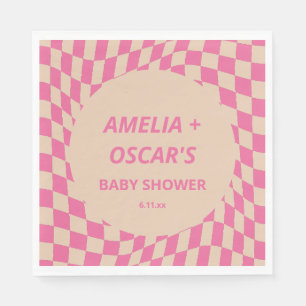 Serviette En Papier Noms de Baby Shower Couple à Damier Ondulé Rose