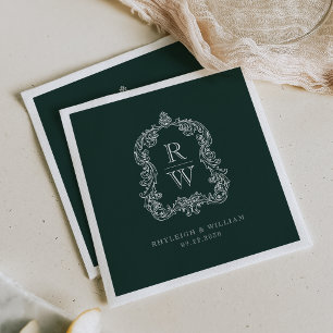 Serviette En Papier Noms de blason de monogramme vintage Vert forêt Ma