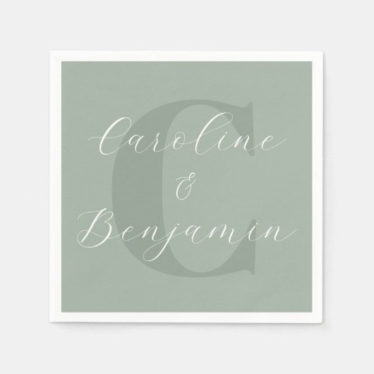 Serviette En Papier Noms de mariage chic en script monogramme vert sau (Devant)