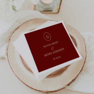 Serviette En Papier Noms de mariage élégants en rouge vin avec monogra