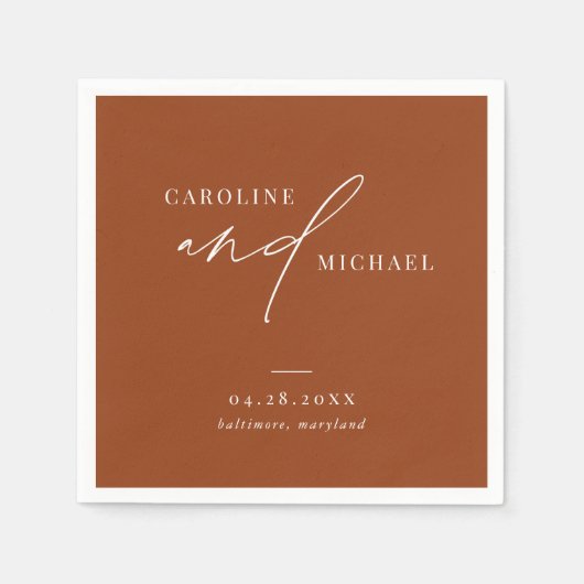 Serviette En Papier Noms de script moderne simple Boho Mariage Brown (Devant)