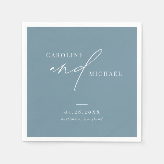 Serviette En Papier Noms de script moderne simple Mariage bleu (Devant)