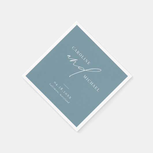 Serviette En Papier Noms de script moderne simple Mariage bleu (Coin)