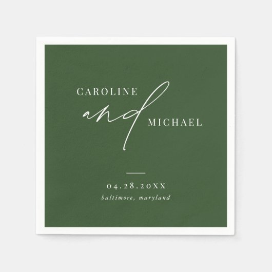 Serviette En Papier Noms de script modernes simples Mariage vert (Devant)