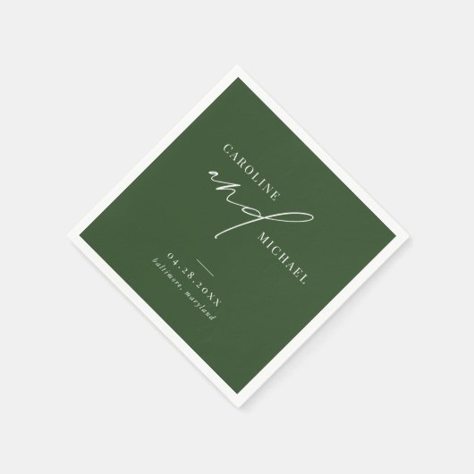 Serviette En Papier Noms de script modernes simples Mariage vert (Coin)