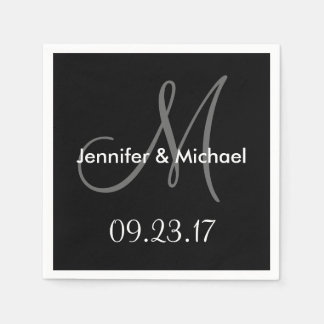 Serviette En Papier Noms du monogramme mariage Date Noir Blanc Gris