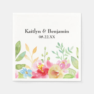 Serviette En Papier Noms et date avec des fleurs d'aquarelle colorées