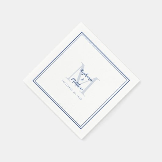 Serviette En Papier Noms et date Mariages modernes Monogramme Bleu Bla (Coin)