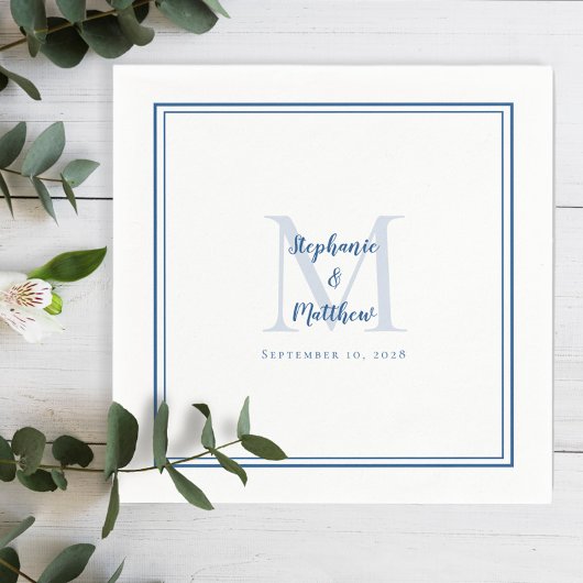 Serviette En Papier Noms et date Mariages modernes Monogramme Bleu Bla