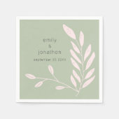 Serviette En Papier Noms Feuilles roses Date Mariage Sage Green (Devant)